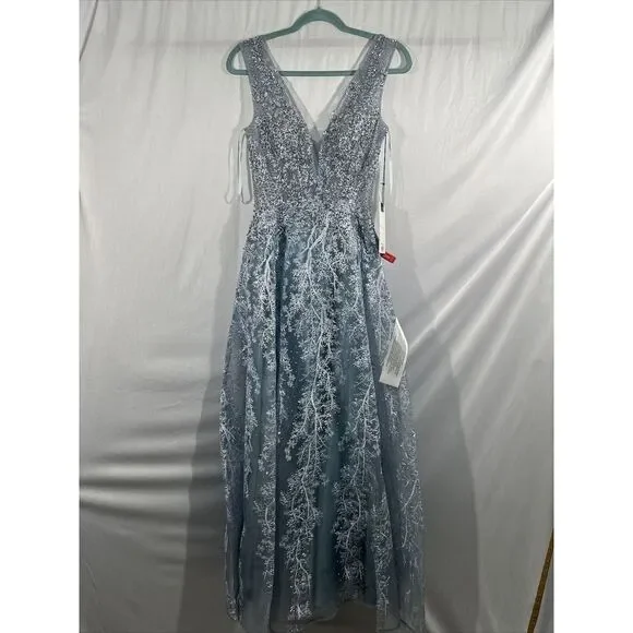 NWT$798 Mac Duggal [ 6 ] Illusion Embellished V Neck A Line Gown Fusion Blue J56